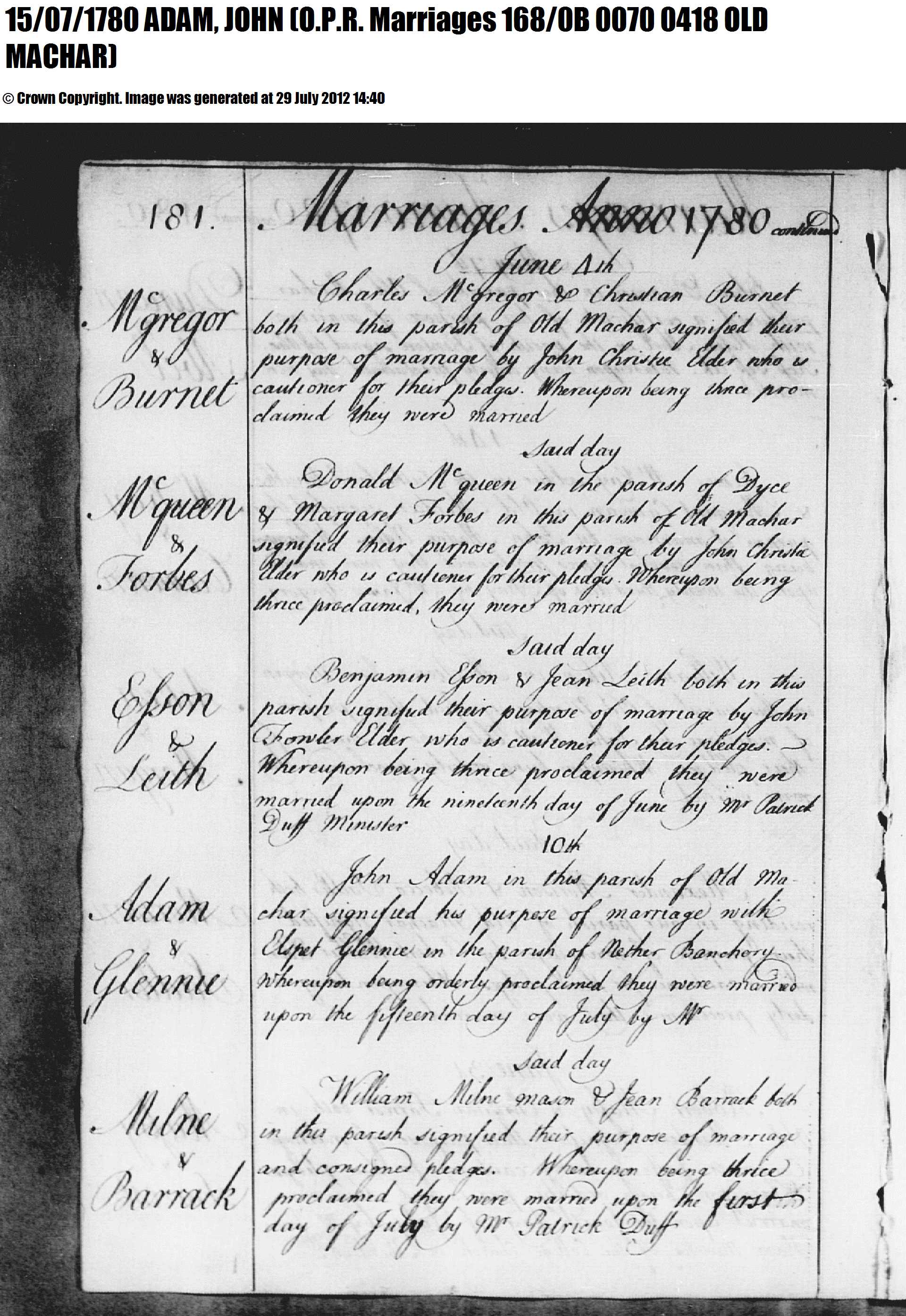 John Adam and Elspet Glennie - Marriage certificate, July 15, 1780